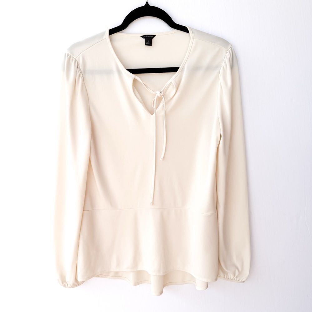 Ann Taylor Cream Long Sleeve Tie Neck Top Small